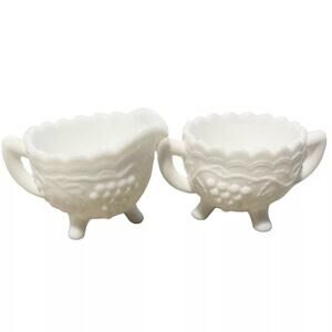 Imperial White Milk Glass Grape & Leaf Footed Cream Pitcher and Sugar Bowl Set